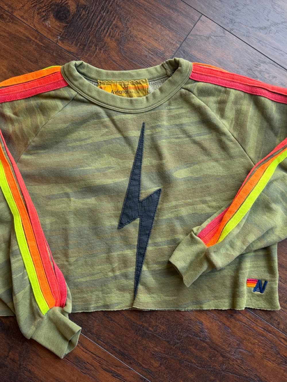 Aviator Nation Camo Lightning Sweatshirt with Neon Shoulder Stripes